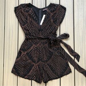 NWT Uma and Leopold Black Romper with Copper Metallic Embroidery Size S